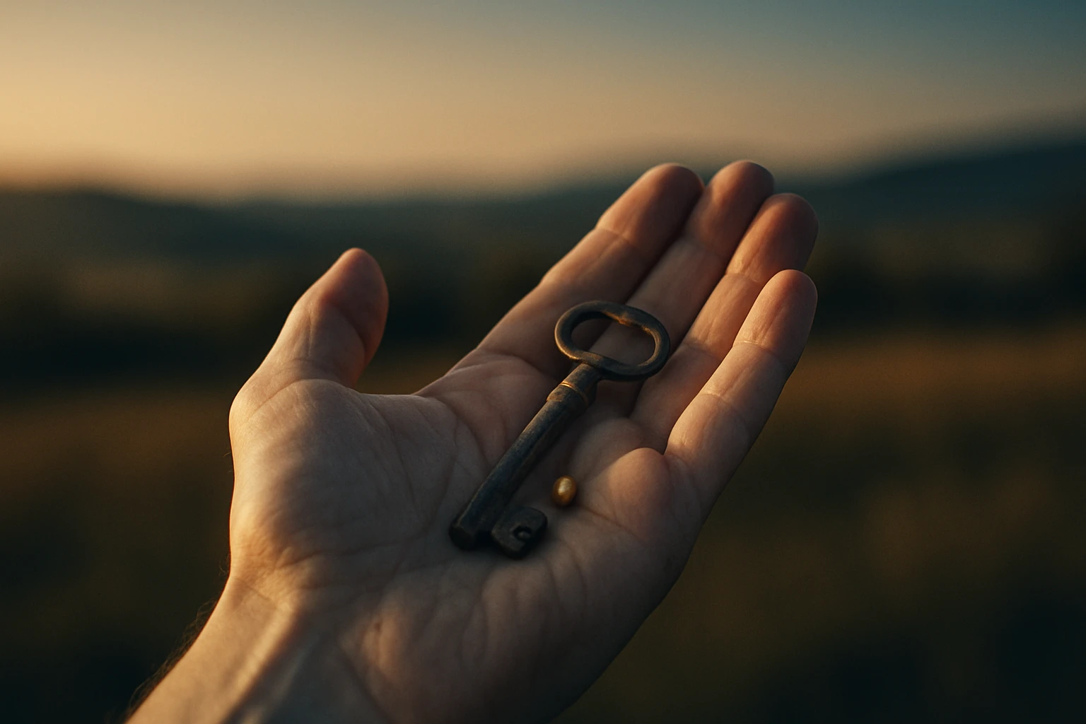 Egy kézben tartott régi kulcs és egy arany színű golyó látható.