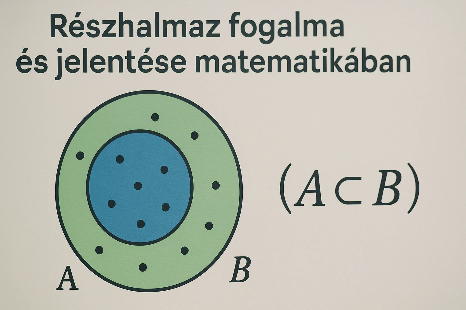 Két halmaz, A és B, ábrázolva részhalmazi viszonyban, matematikai szimbólumokkal.