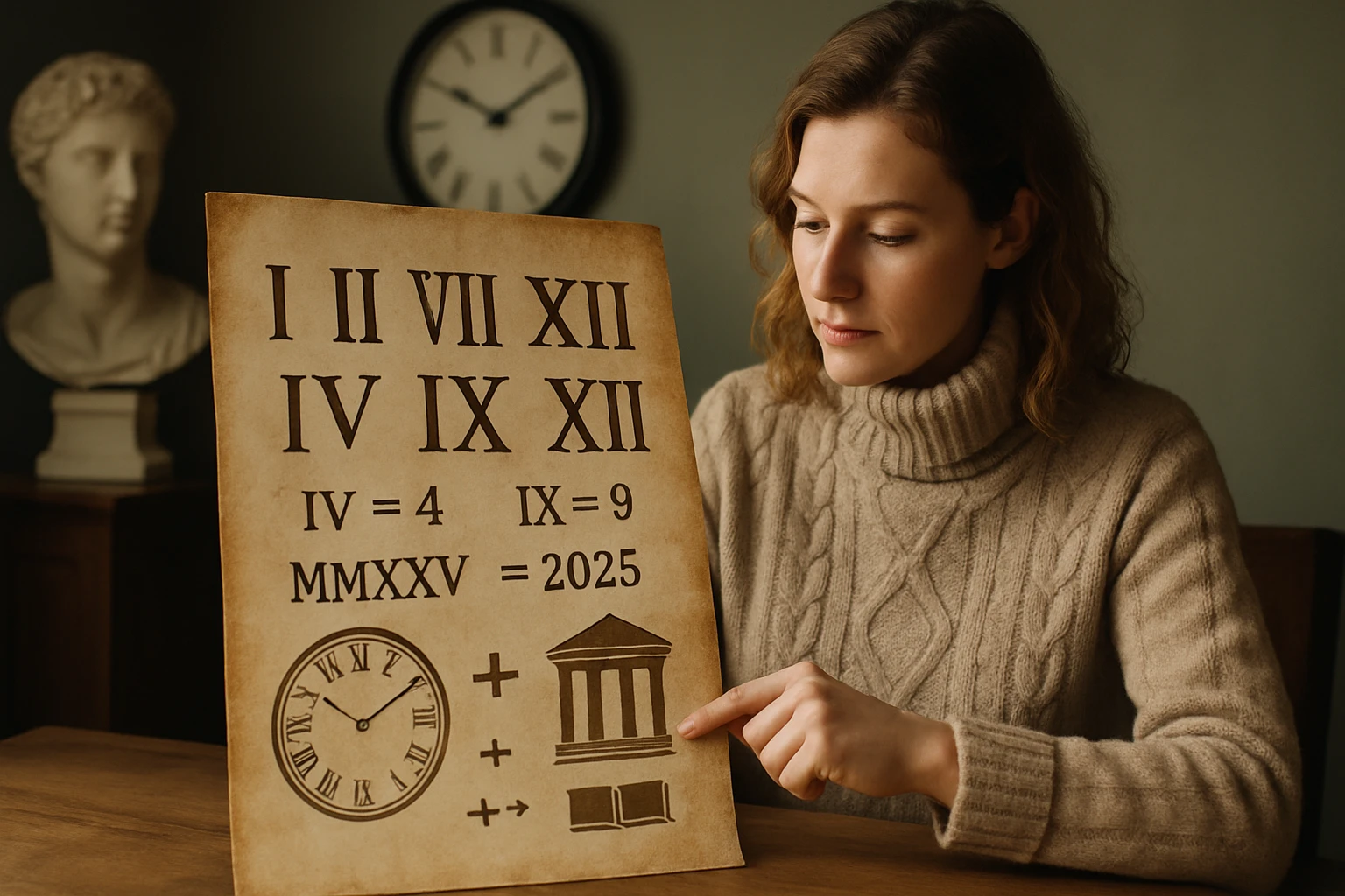 Egy nő római számokat és matematikai műveleteket mutat egy papírlapon.