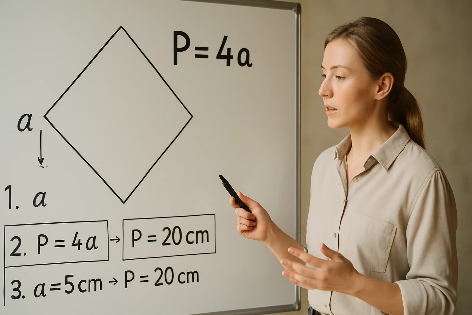 Egy nő egy táblán a rombusz kerületének számítását mutatja be.