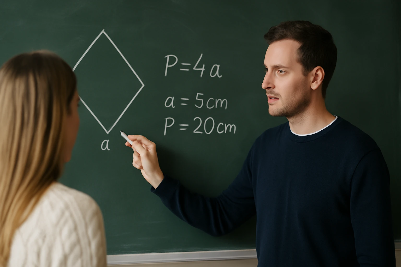 Egy tanár a táblánál rombusz kerületét magyarázza, a diák figyel.