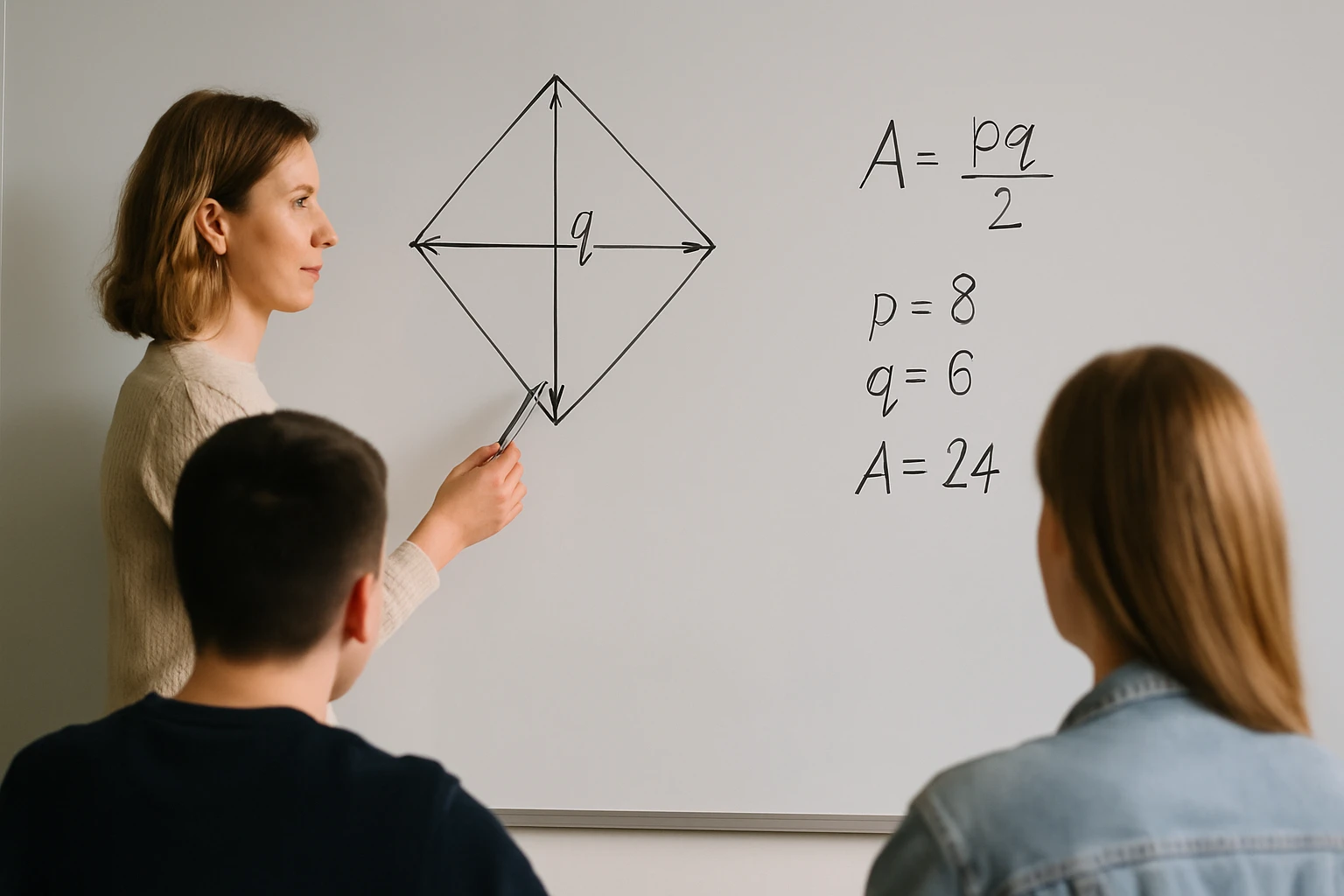 Egy tanár a táblán a rombusz területének képletét magyarázza.