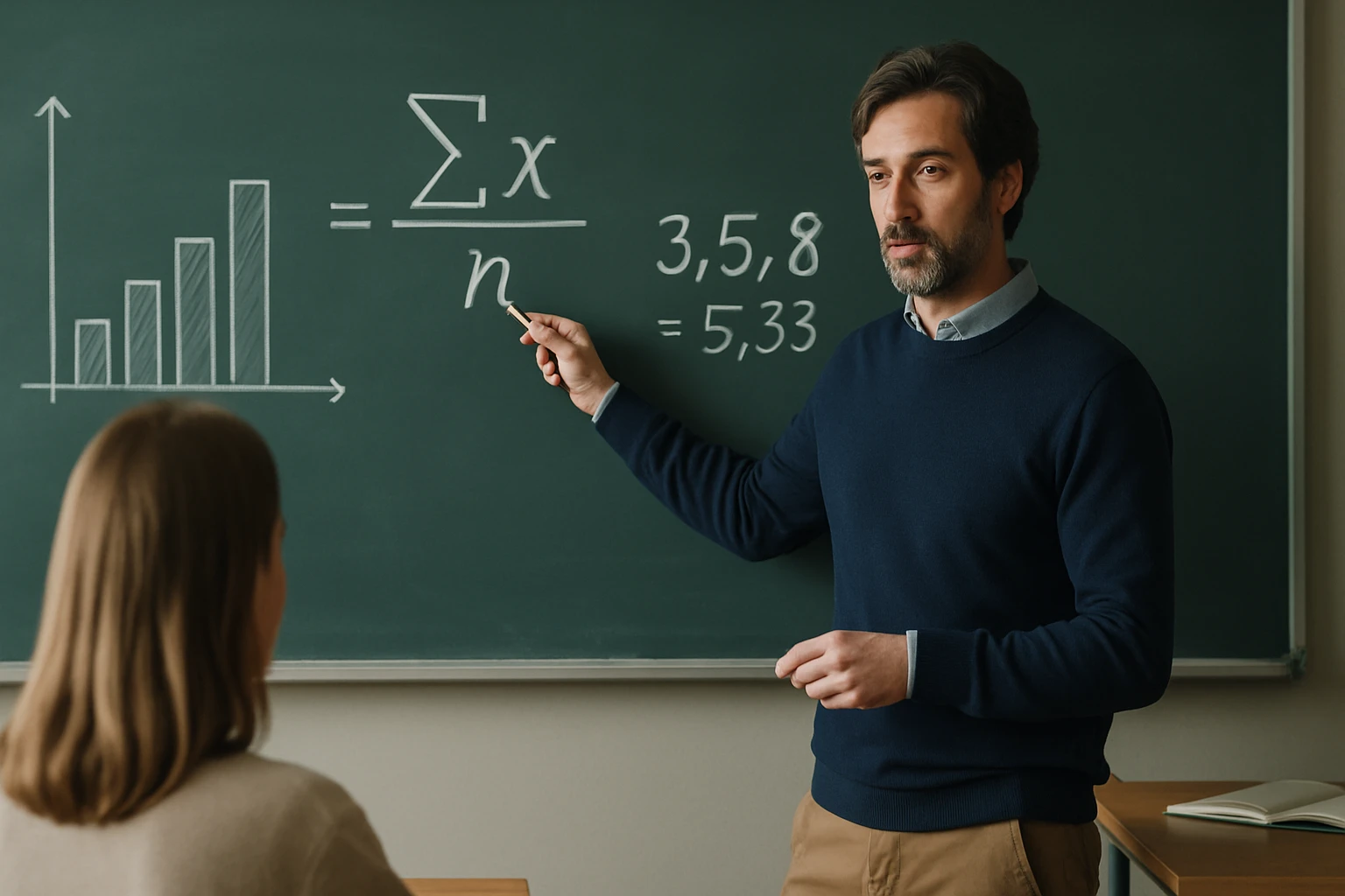 Egy tanár a táblán a statisztika átlagának számítását mutatja be.