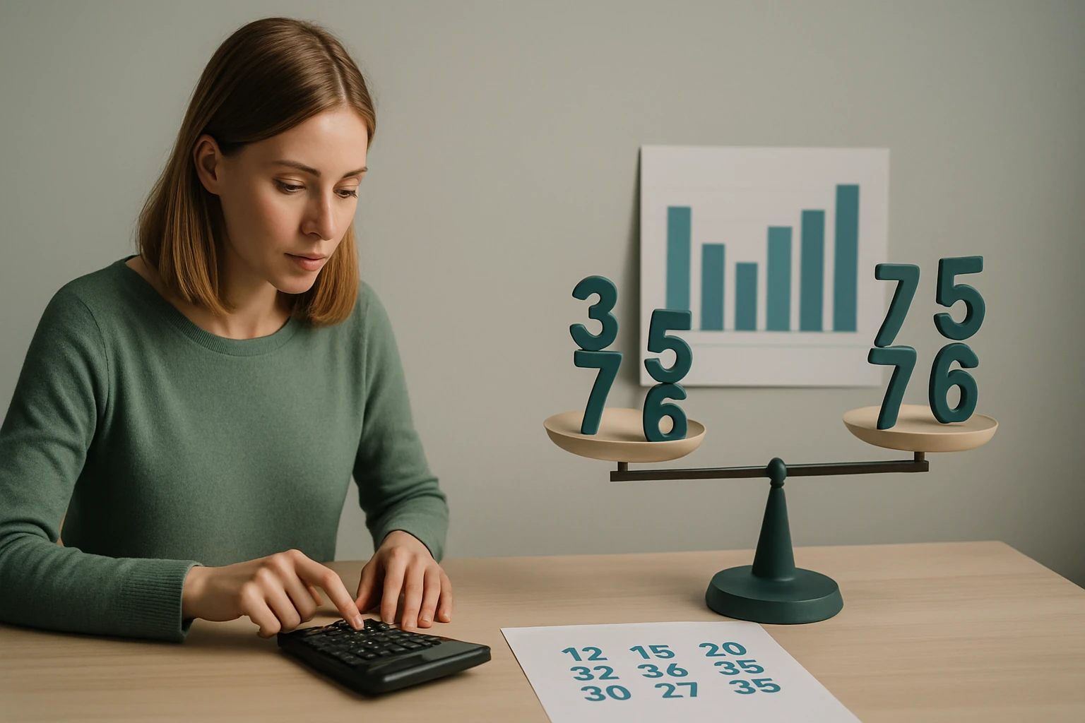 Egy nő számológépet használ, miközben számokat mérlegel a táblán.