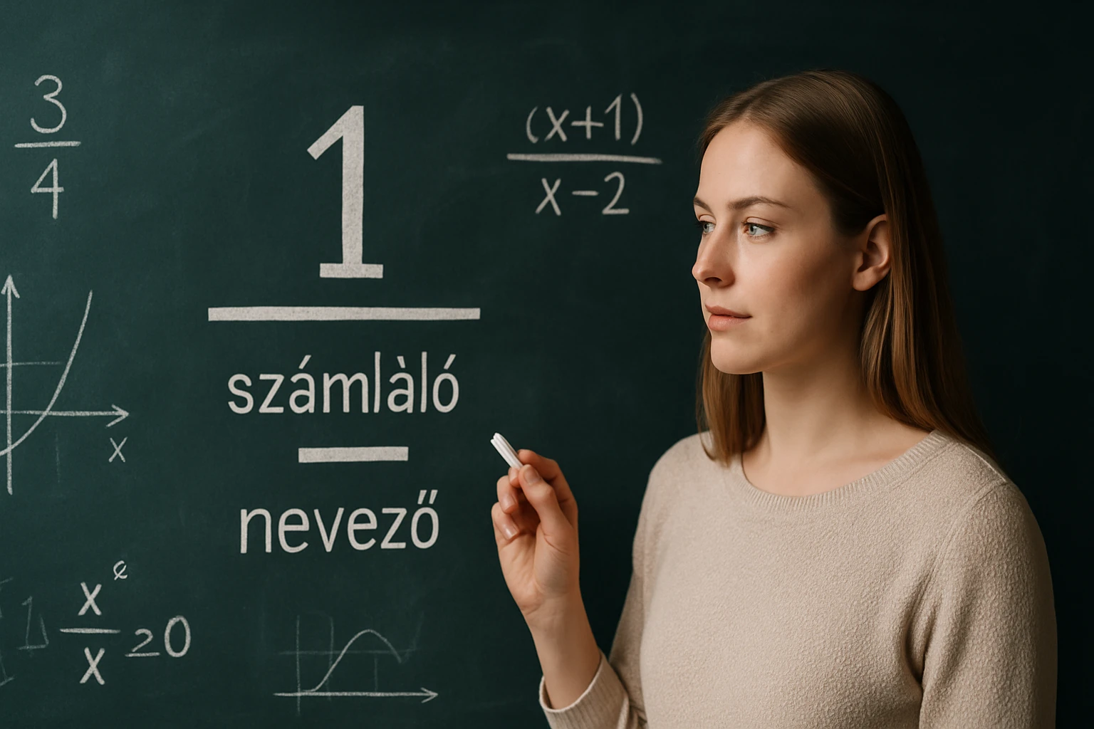 Egy nő a táblán a számláló és nevező fogalmát magyarázza.