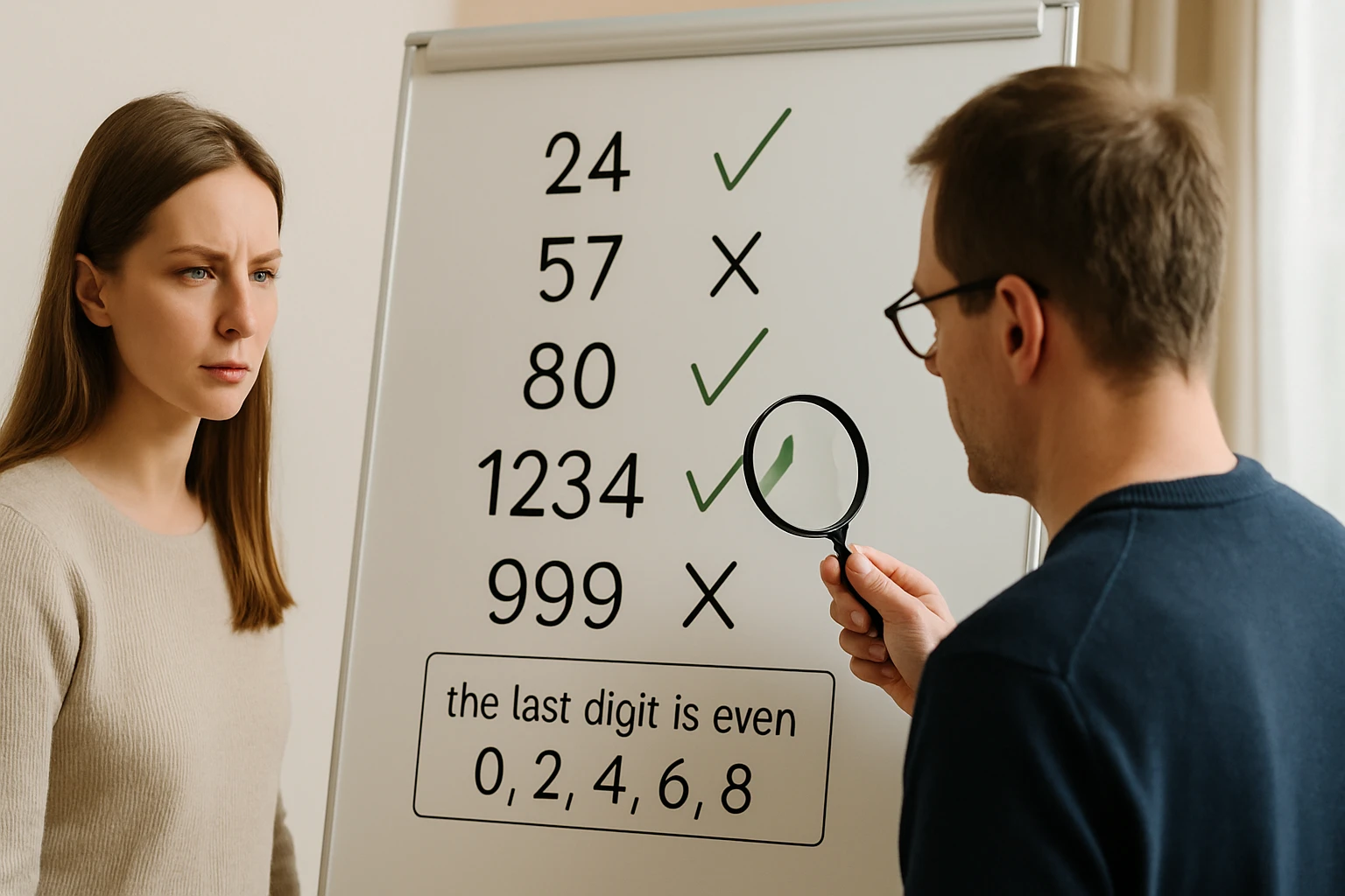 Egy nő figyelmesen nézi a táblán lévő számokat és ellenőrző jeleket.