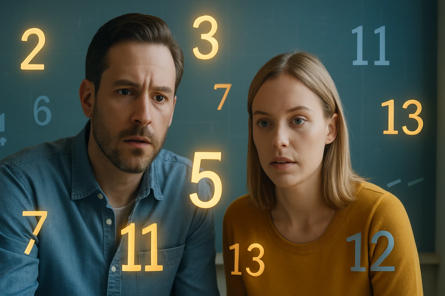 Két ember figyelmesen néz egy számokkal teli táblára, gondolkodva.