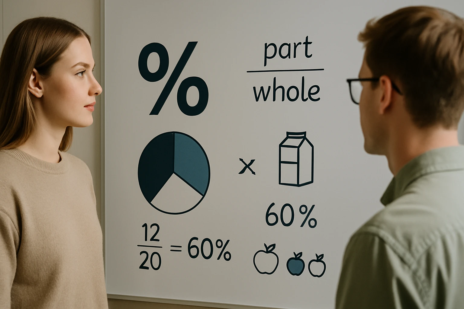 Két fiatal, akik egy táblán lévő matematikai grafikont néznek, amely a százalékokat mutatja.