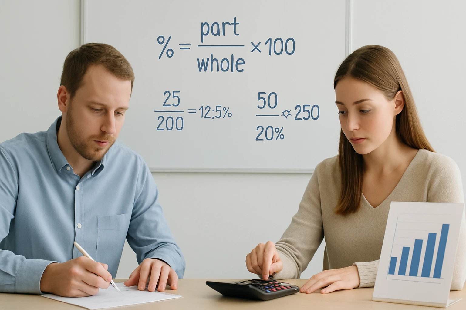Két fiatal felnőtt számol a táblán lévő százalékos arányokkal.