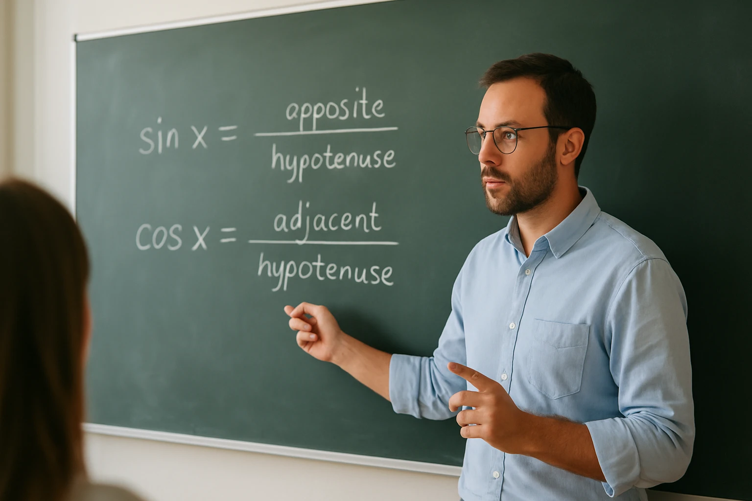 Egy tanár a táblán a szinusz és koszinusz definícióját magyarázza.