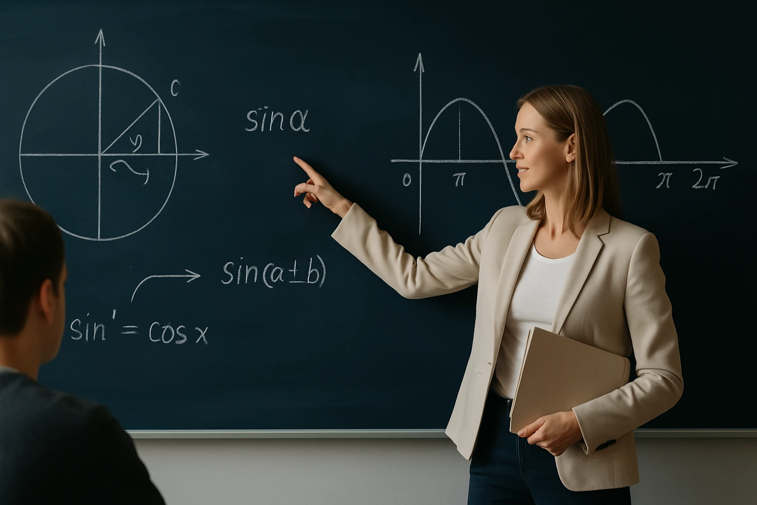 Egy tanárnő a táblán a szinusz függvény grafikonját magyarázza.