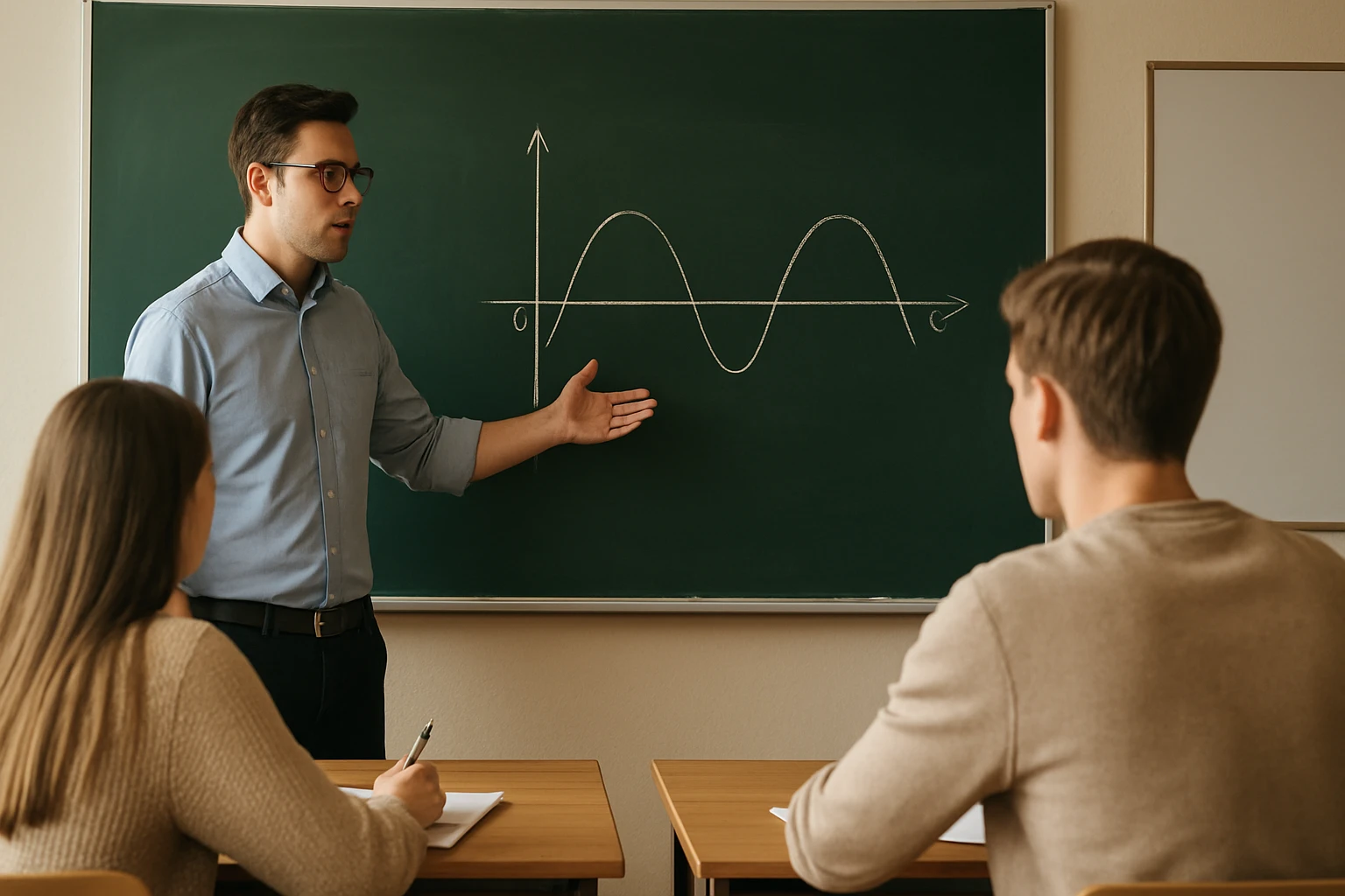 Egy tanár a táblán egy szinusz görbét mutat a diákoknak.