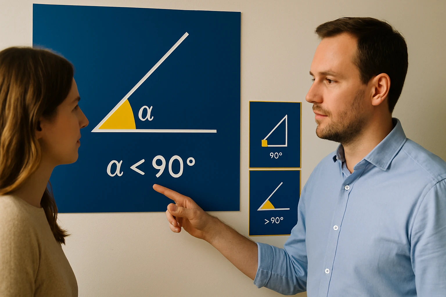 Két ember beszélget egy falra akasztott matematikai poszterről, amely az szögekről szól.