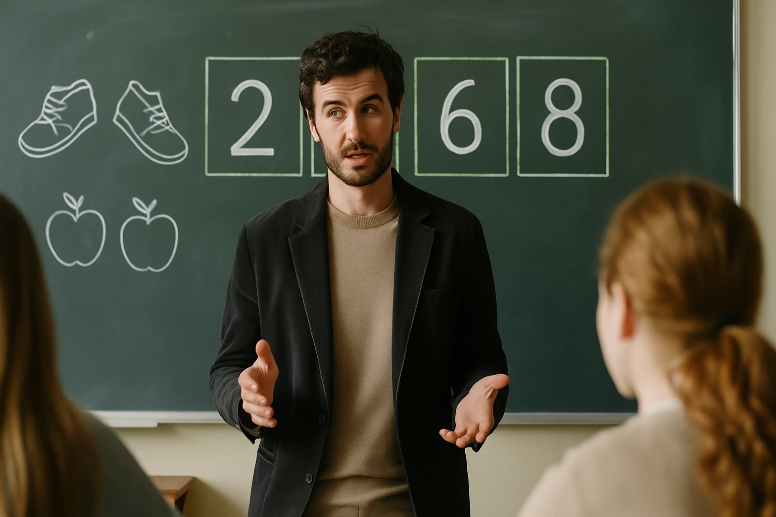 Egy tanár magyaráz a táblánál, számok és rajzok láthatók.