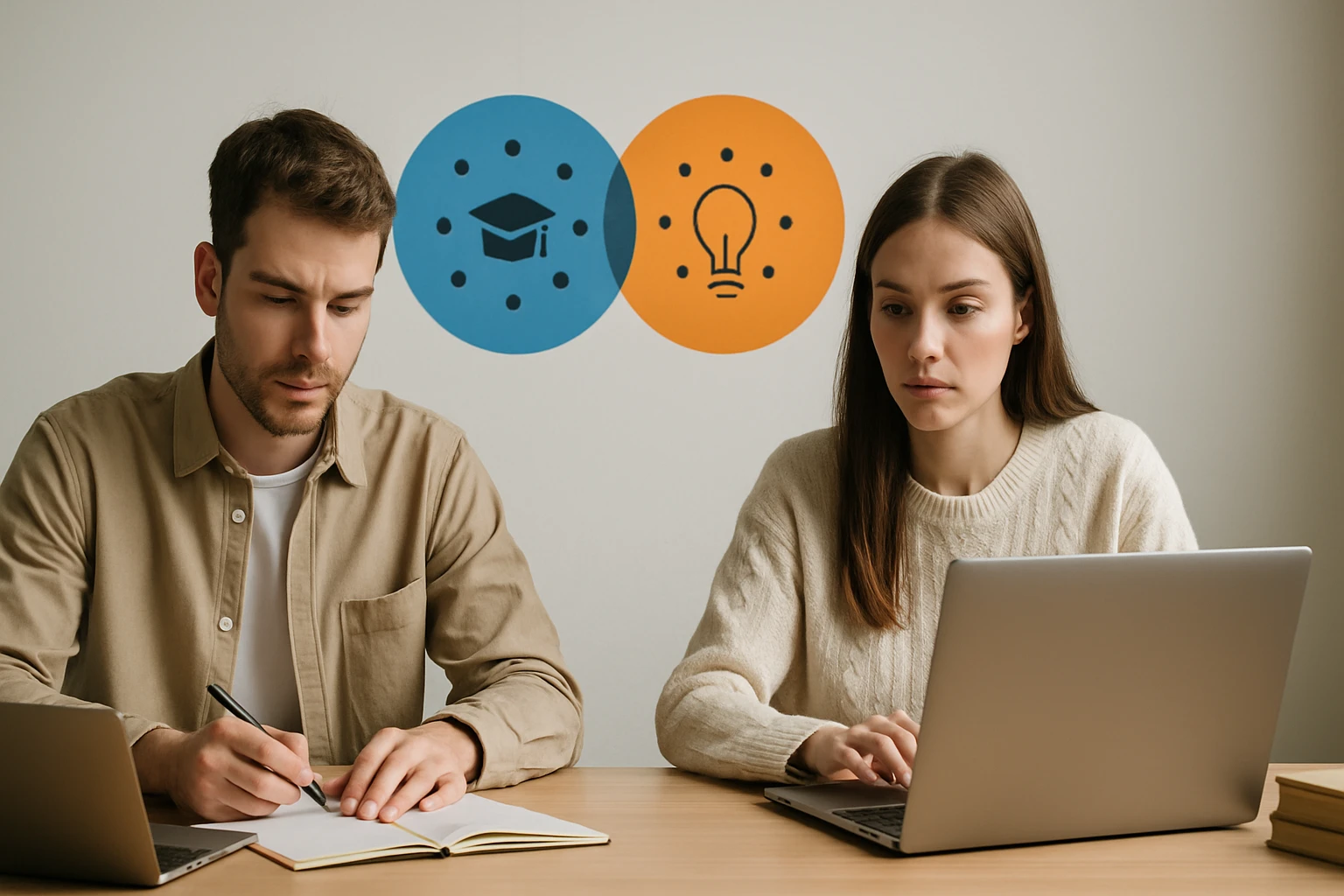 Két fiatal felnőtt tanulás közben, az egyik jegyzetel, a másik laptopon dolgozik.