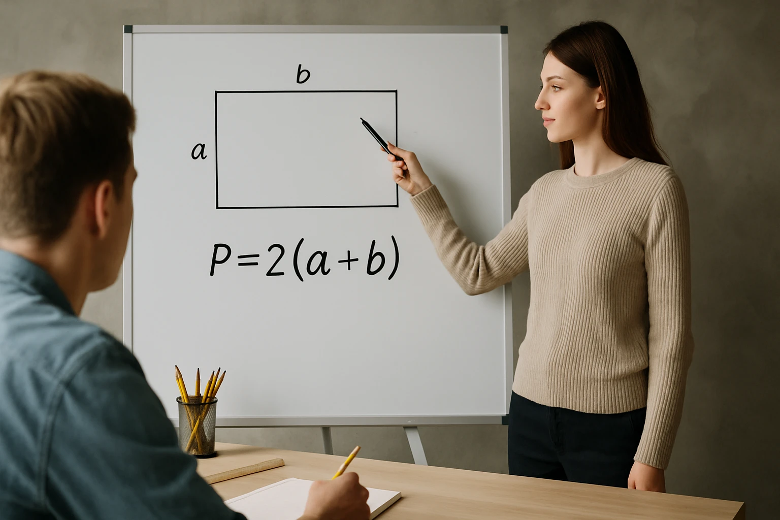 Egy nő a táblán a téglalap kerületének képletét mutatja be.
