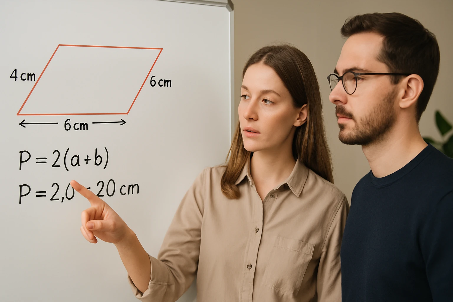 Két ember egy táblánál, amelyen egy téglalap kerülete és méretei láthatók.