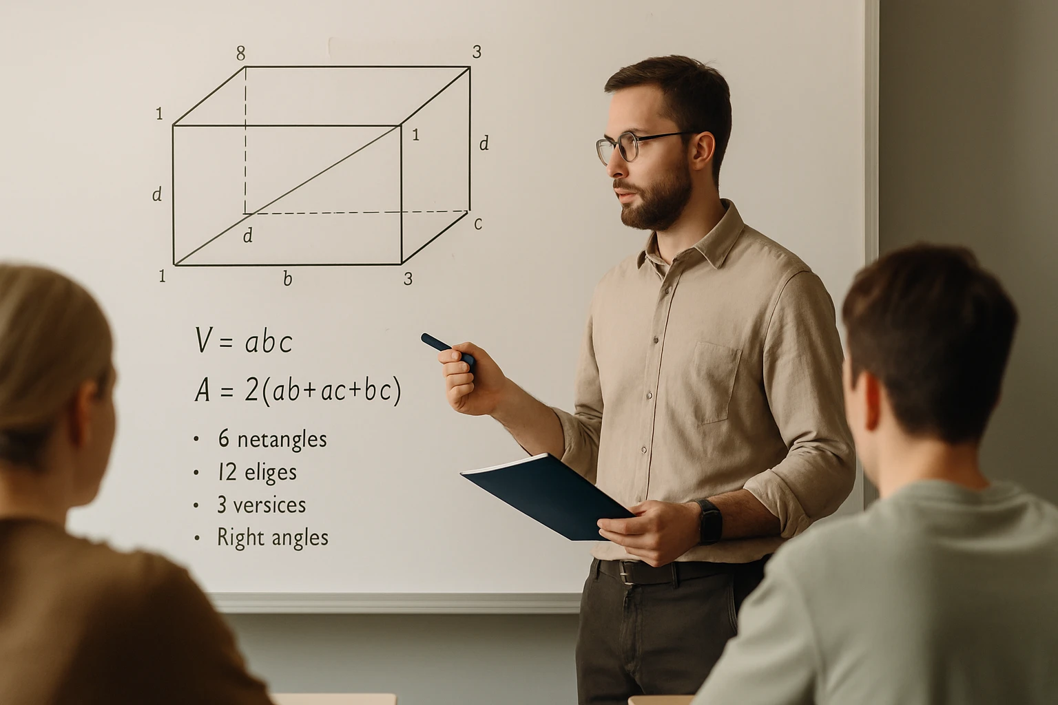 Egy tanár a táblánál, amelyen egy téglatest és a térfogat képlete látható.