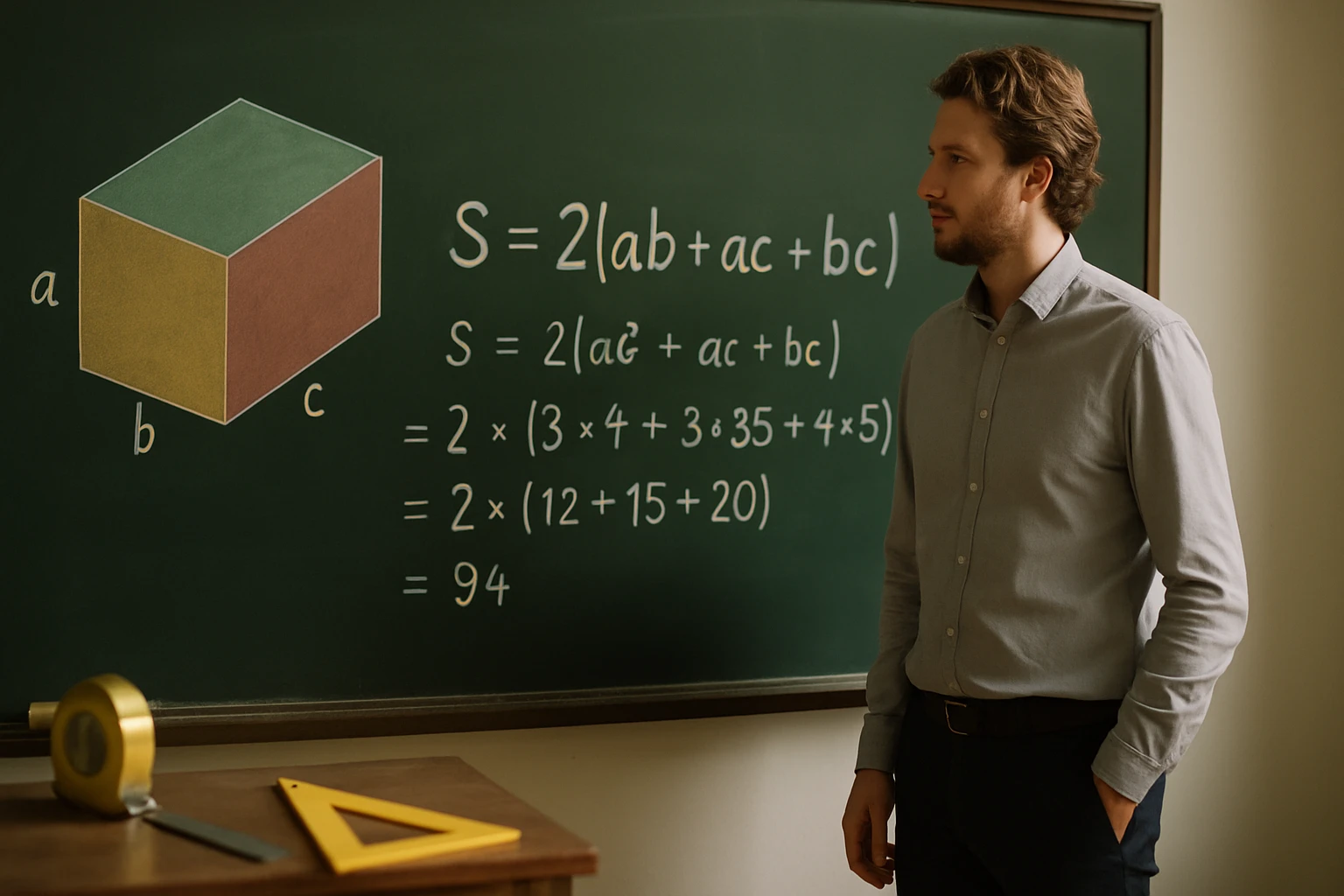 Egy férfi áll a táblánál, ahol a téglatest térfogatának képlete látható.