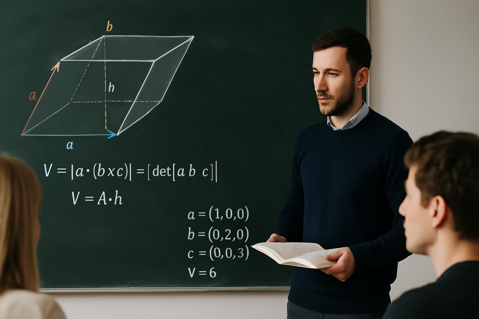 Egy tanár a táblánál egy térfogat formulát magyaráz, diákok figyelnek.