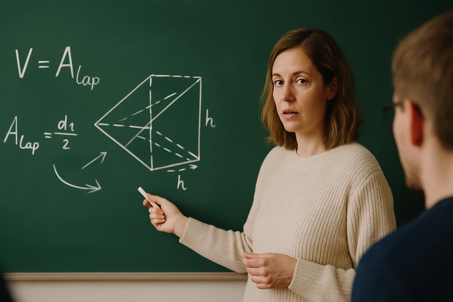 Egy tanár a táblán egy térfogat képletét magyarázza diákoknak.