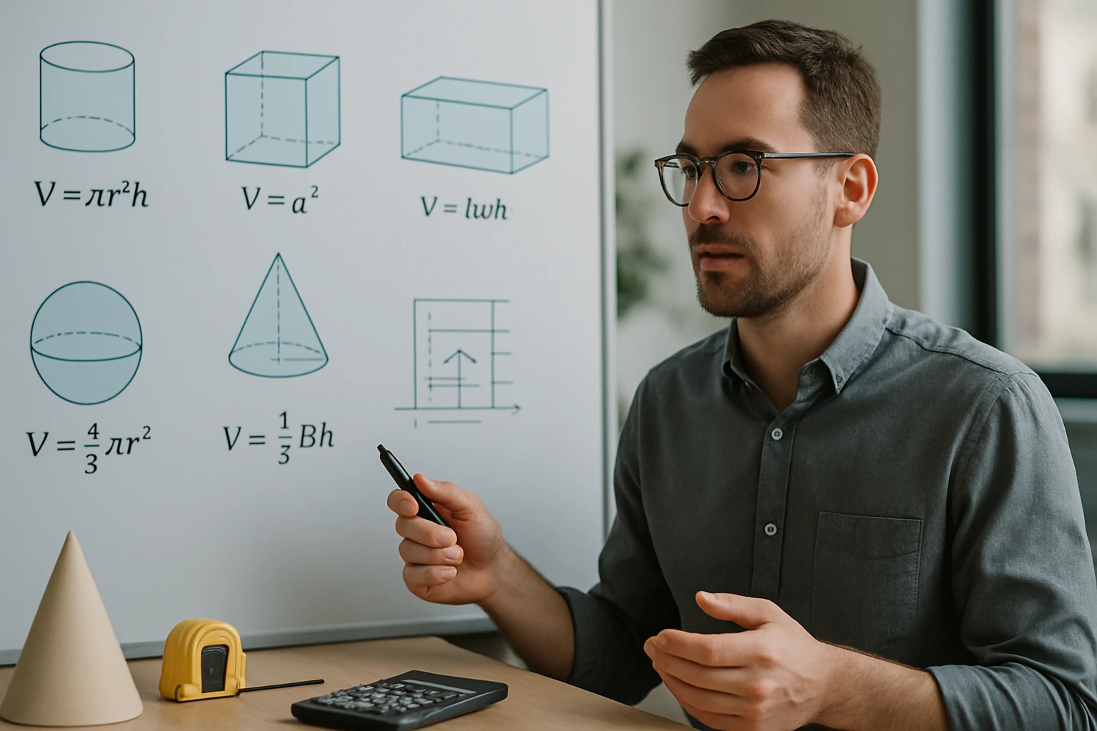 Egy férfi magyaráz matematikai képleteket térfogat számításához táblán.