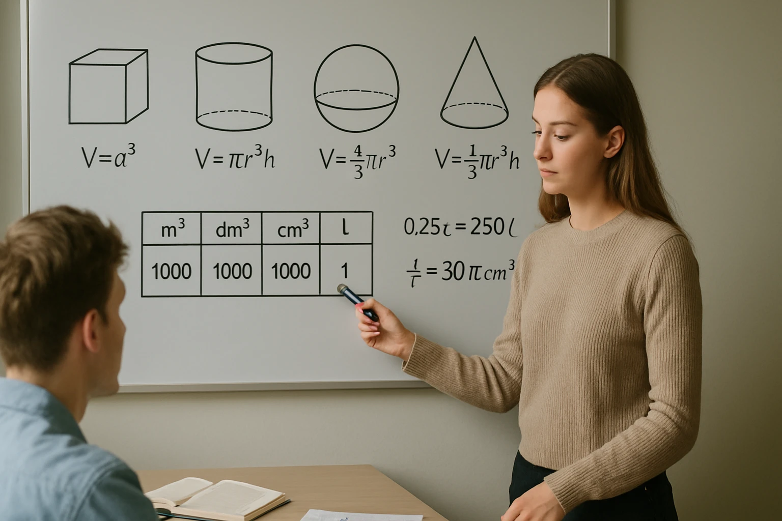 Egy nő matematikai képleteket magyaráz egy táblán, különböző testek térfogatával.