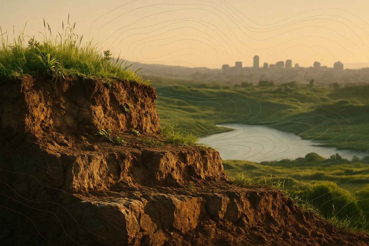 Egy domboldal, amelyen fű nő, háttérben város és folyó látható.