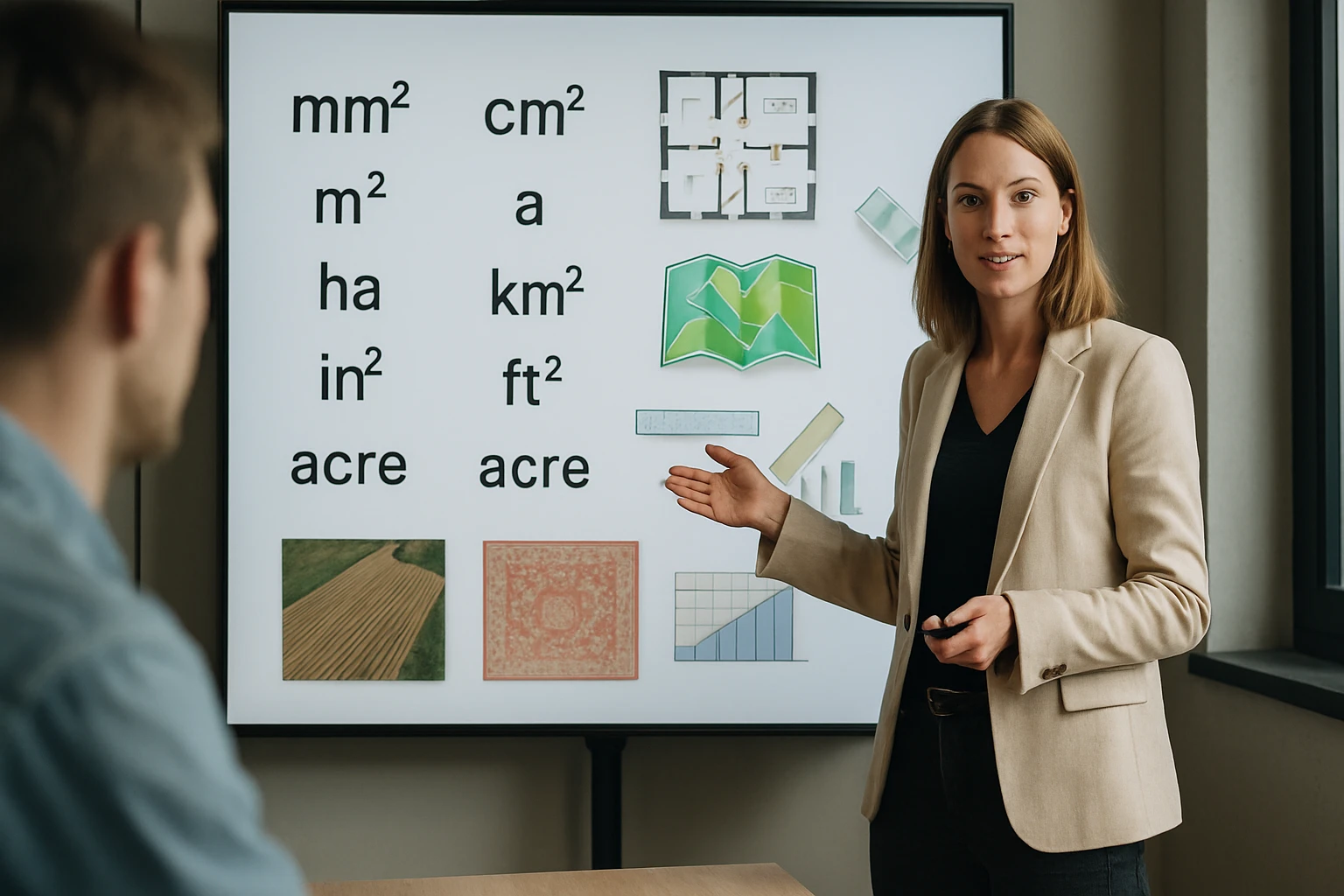 Egy női előadó különböző területmértékegységeket mutat be egy prezentáción.