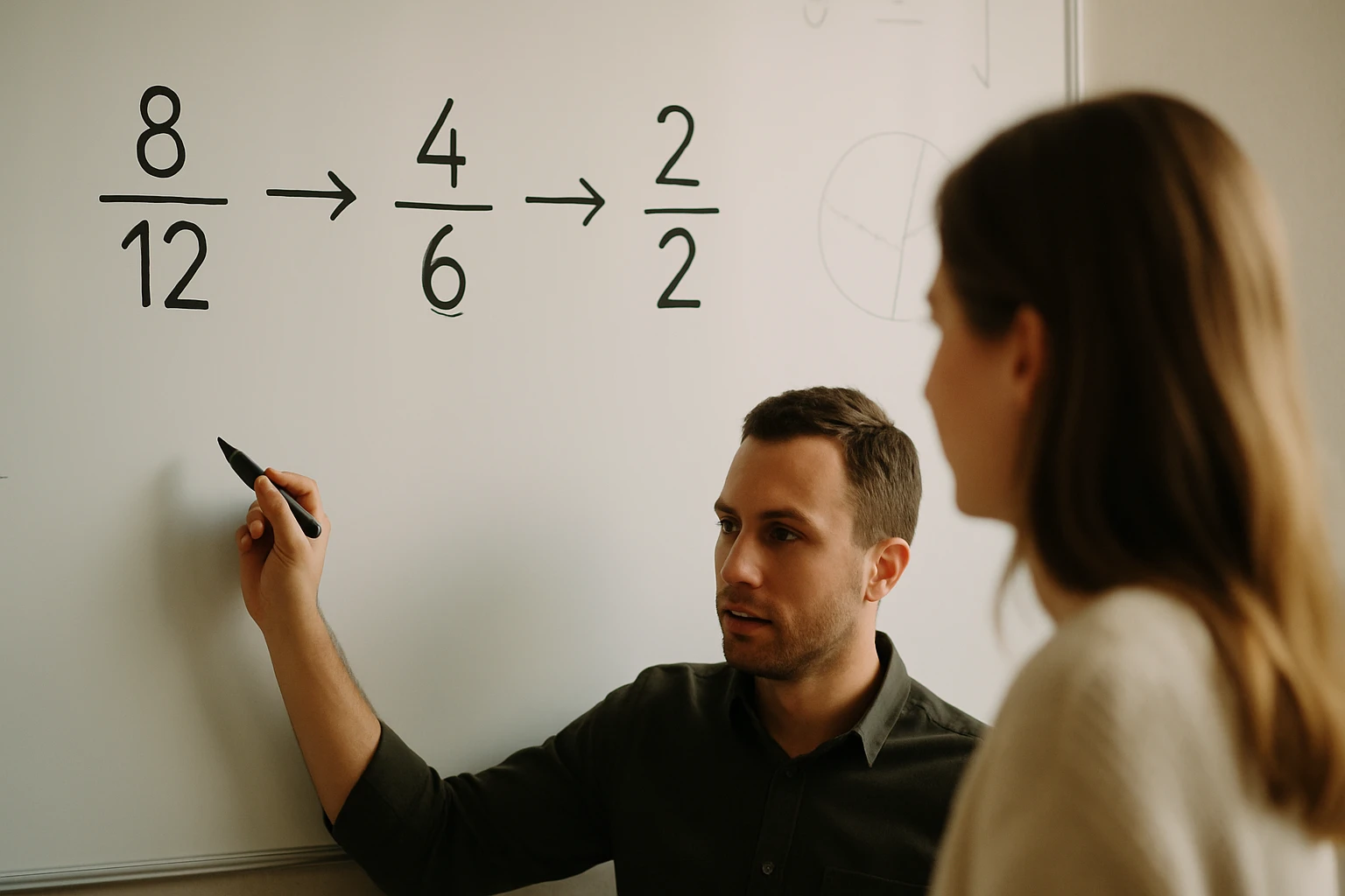 Egy férfi a táblán egyszerűsített törteket magyaráz, miközben egy nő figyel.