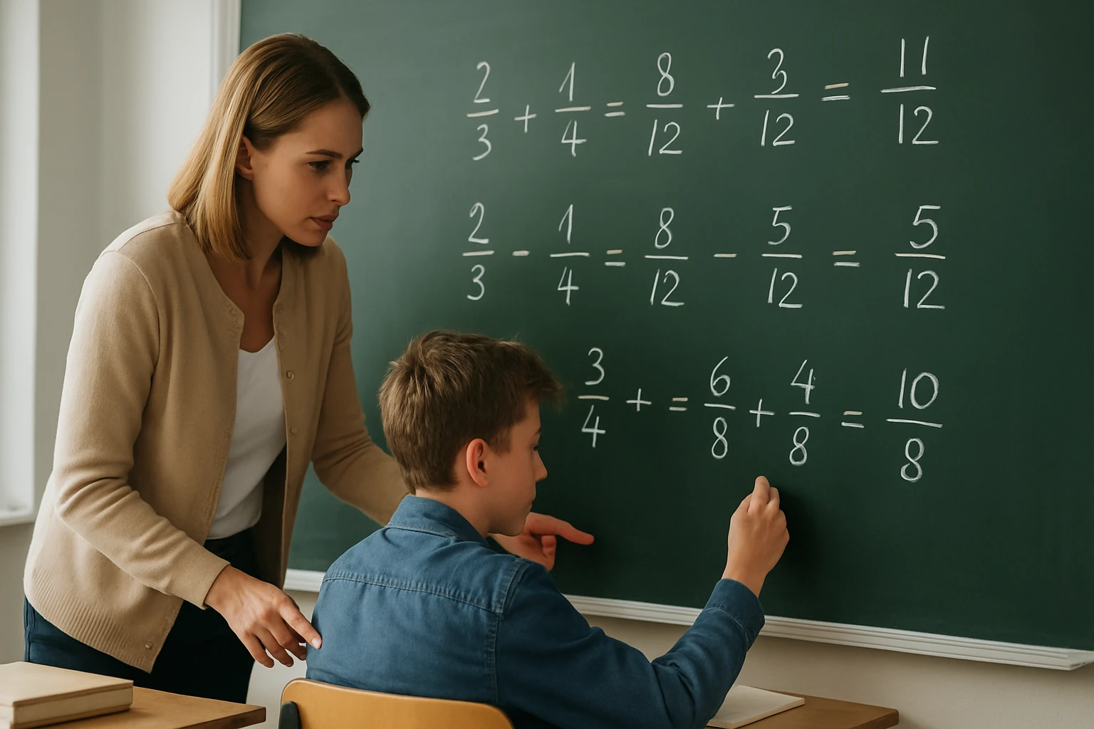 Egy tanár segít egy diáknak a törtek összeadásában a táblán.