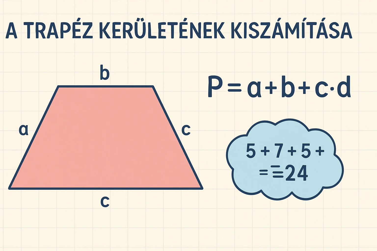 A trapéz kerületének kiszámítása, a szükséges képletekkel és példával.