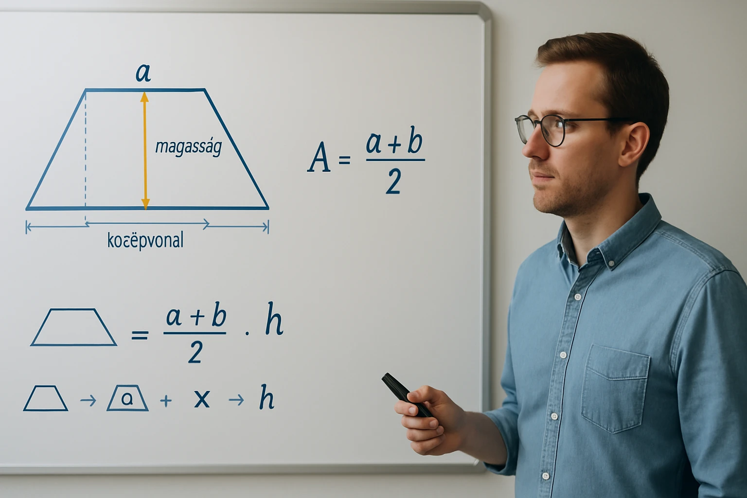 Egy férfi a táblánál, amelyen a trapéz területének képlete látható.