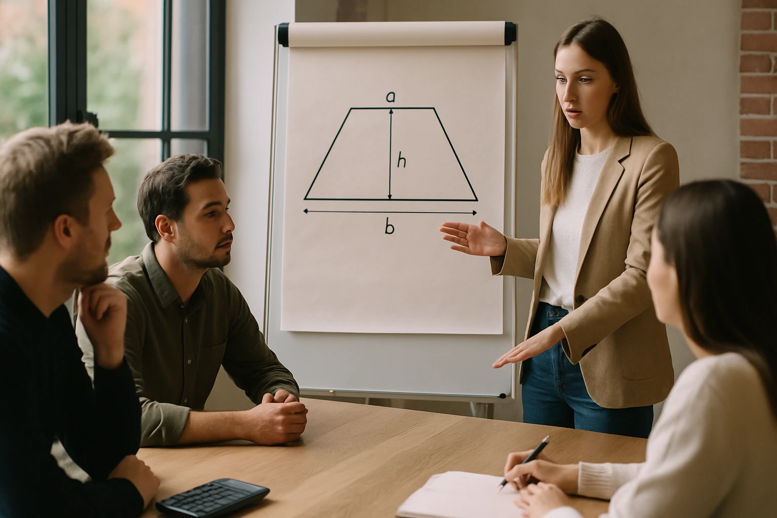 Egy nő magyaráz egy trapéz területének számítását egy táblán.