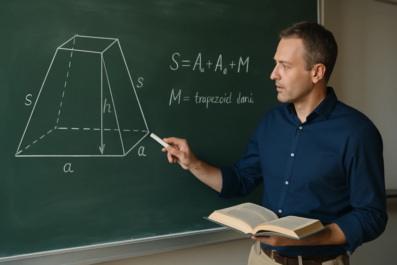 Egy tanár a táblán egy trapézidom térfogatának képletét magyarázza.