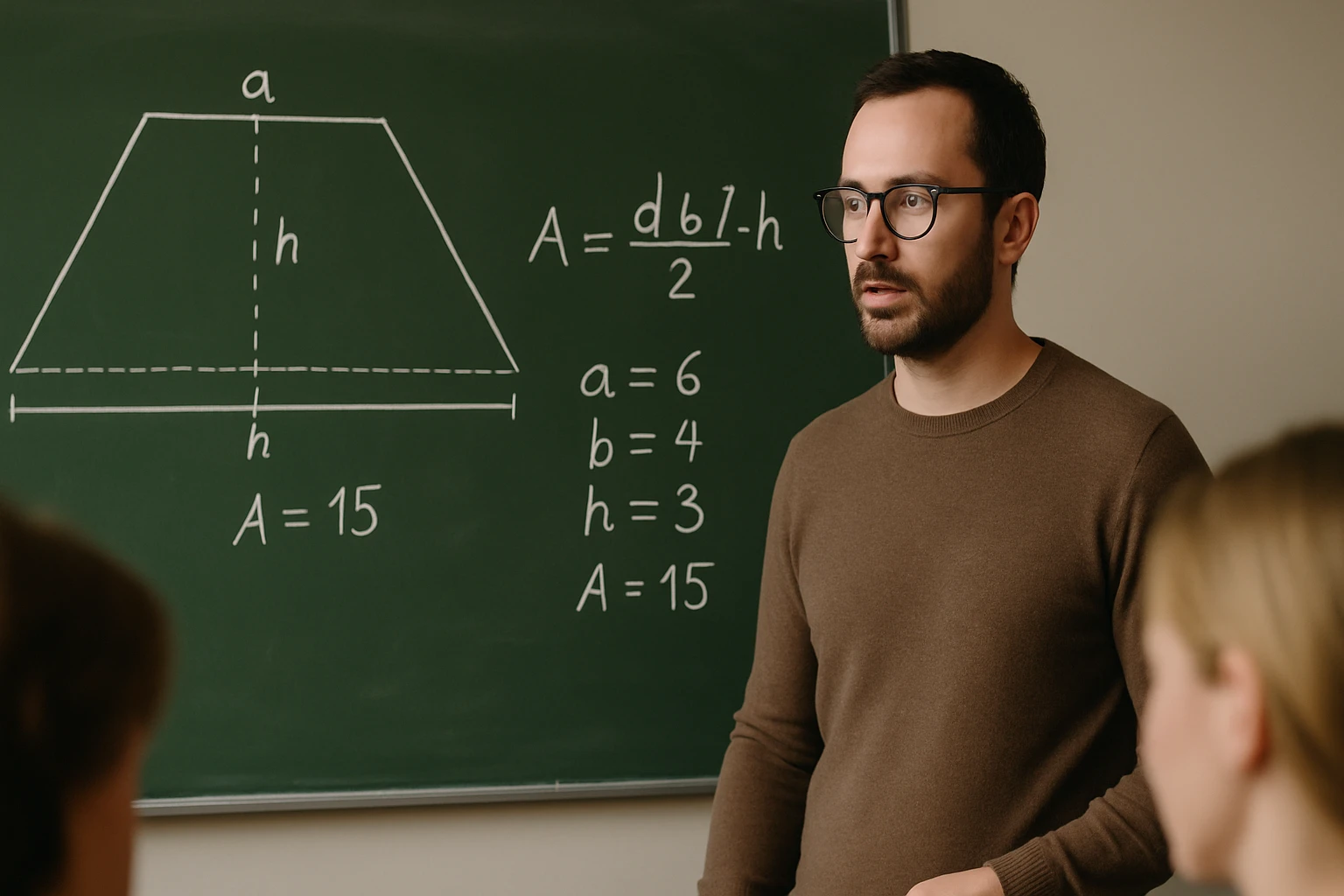 Egy tanár a táblánál, trapezoid területének számítását magyarázza.