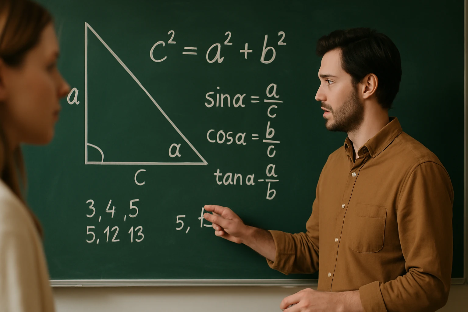 Egy férfi a táblánál magyaráz egy derékszögű háromszöget és trigonometriai képleteket.