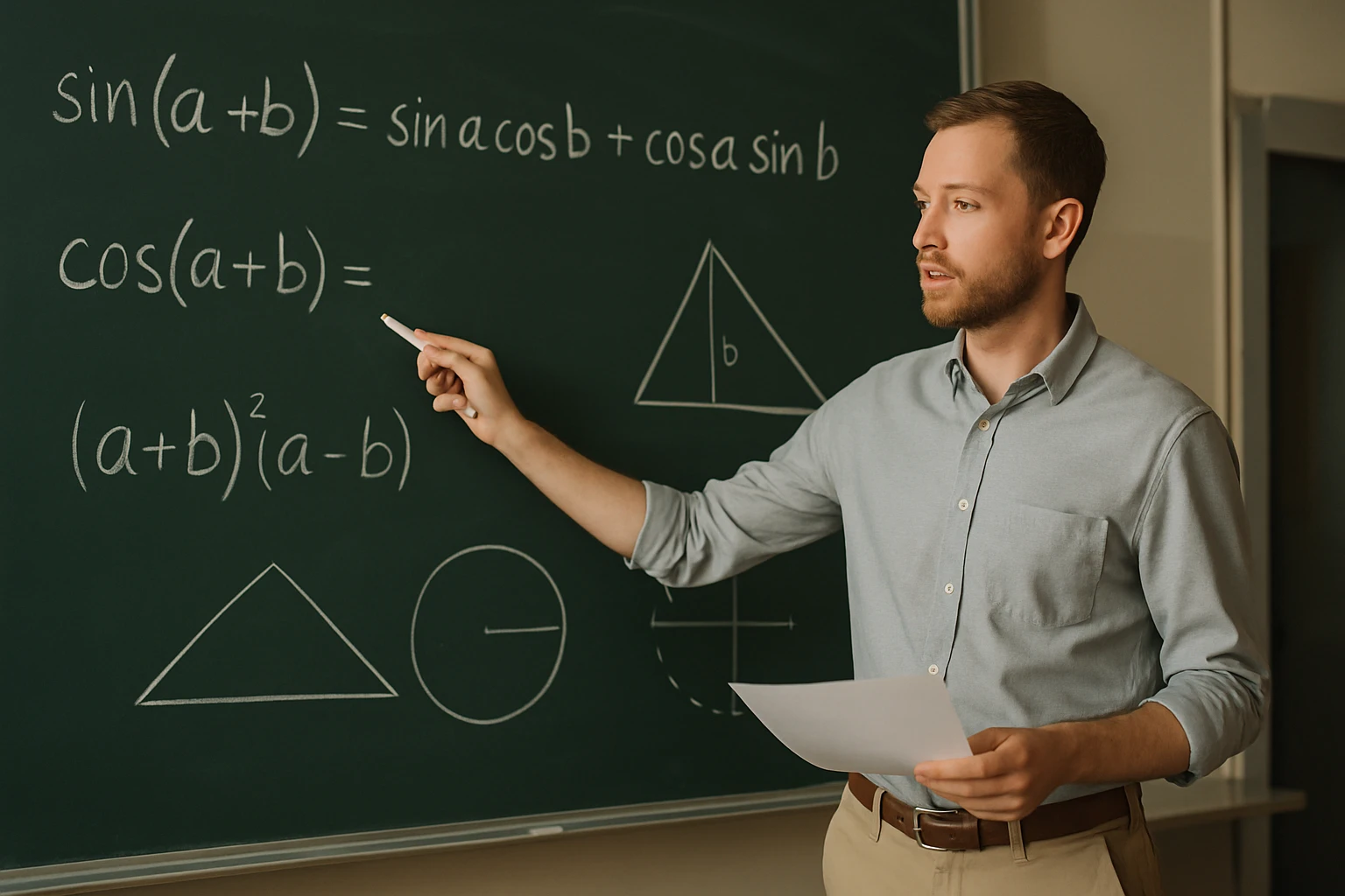 Egy tanár a táblán trigonometrikus egyenleteket magyaráz.