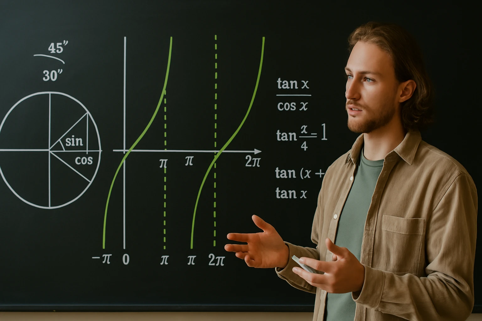 Egy fiatal férfi magyaráz matematikai grafikonokat és trigonometrikus függvényeket táblán.