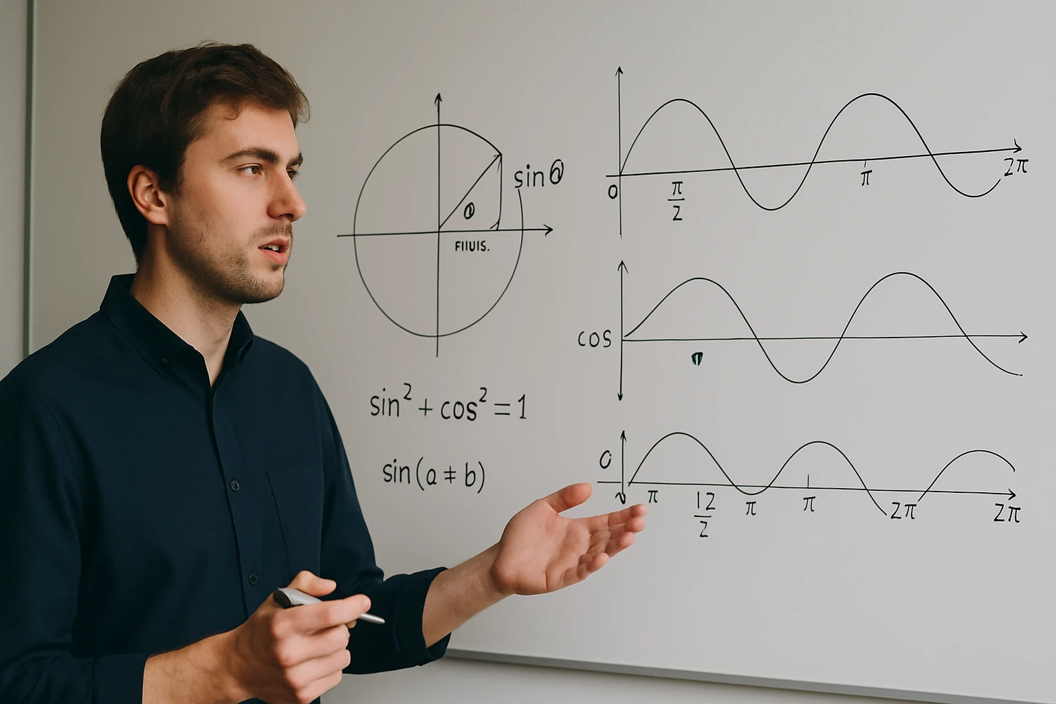 Egy fiatal férfi magyaráz a táblán lévő trigonometrikus függvényekről.
