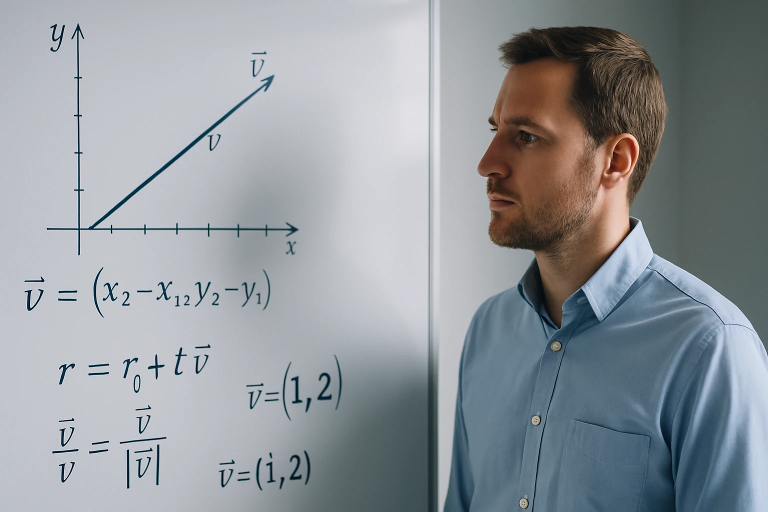 Egy férfi egy matematikai egyenletet néz, amely vektorokat ábrázol.