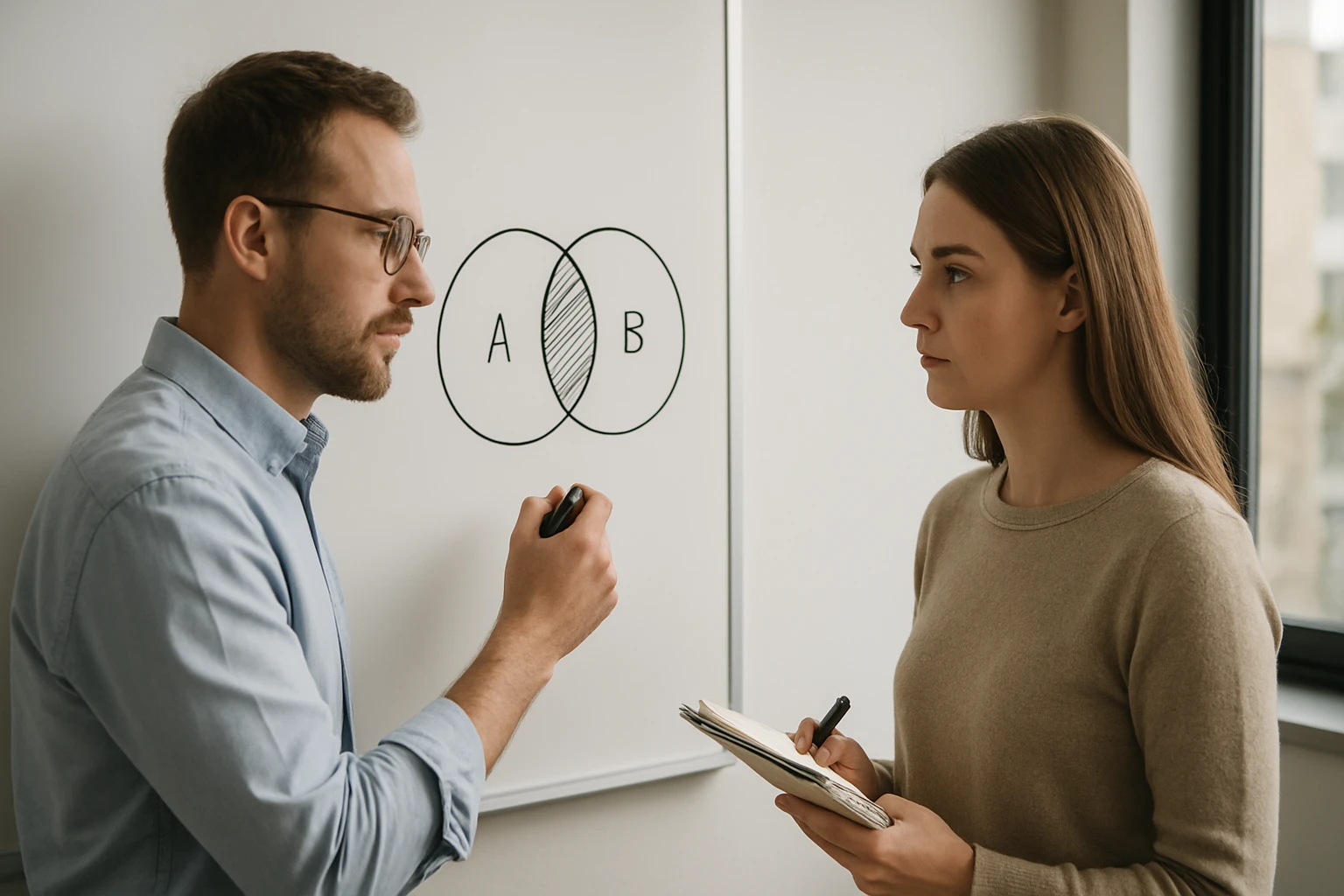 Két ember beszélget egy Venn-diagramról, amely az A és B halmazokat ábrázolja.