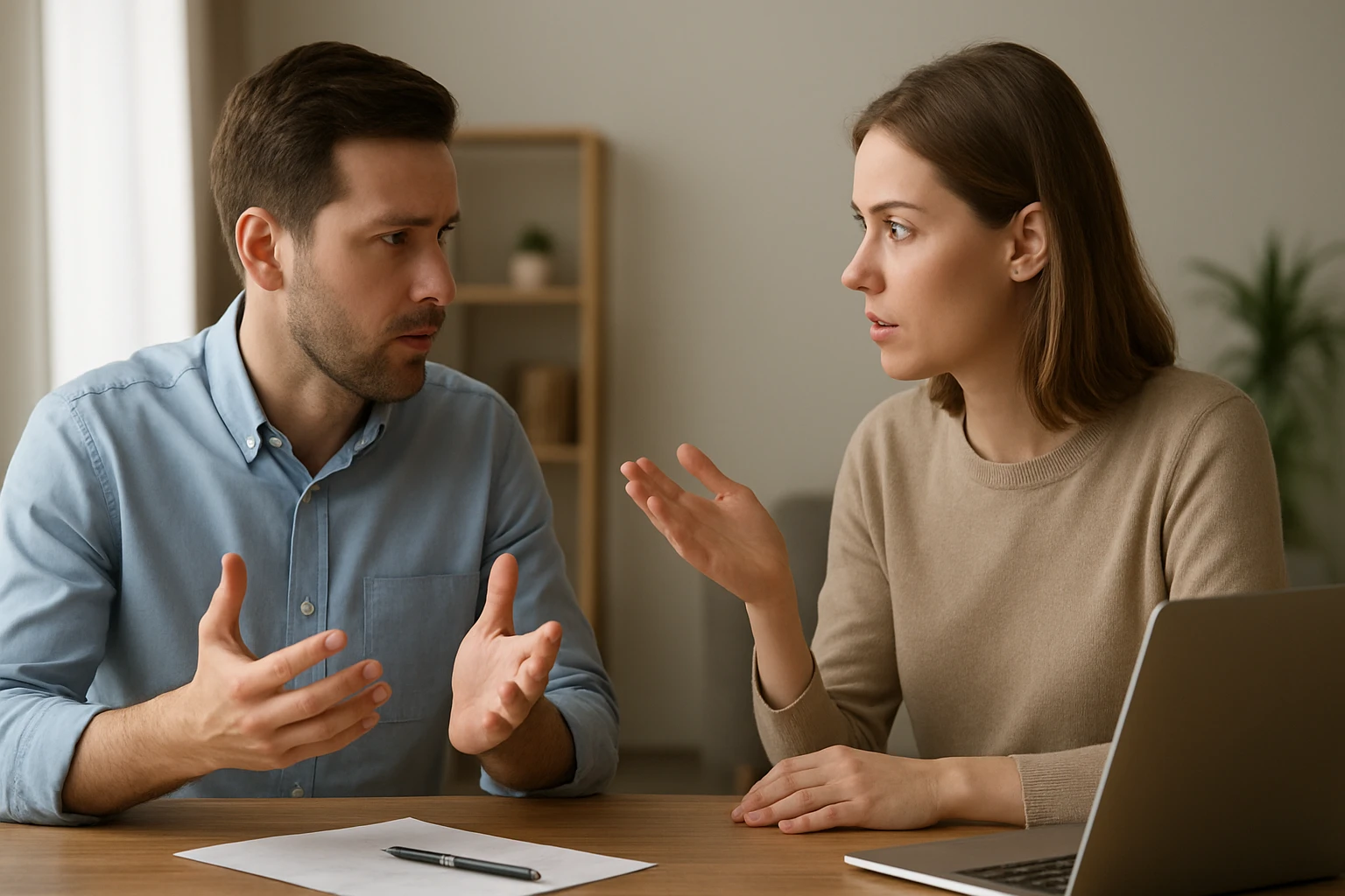 Két ember vitázik egy asztalnál, papírok és laptop előtt.
