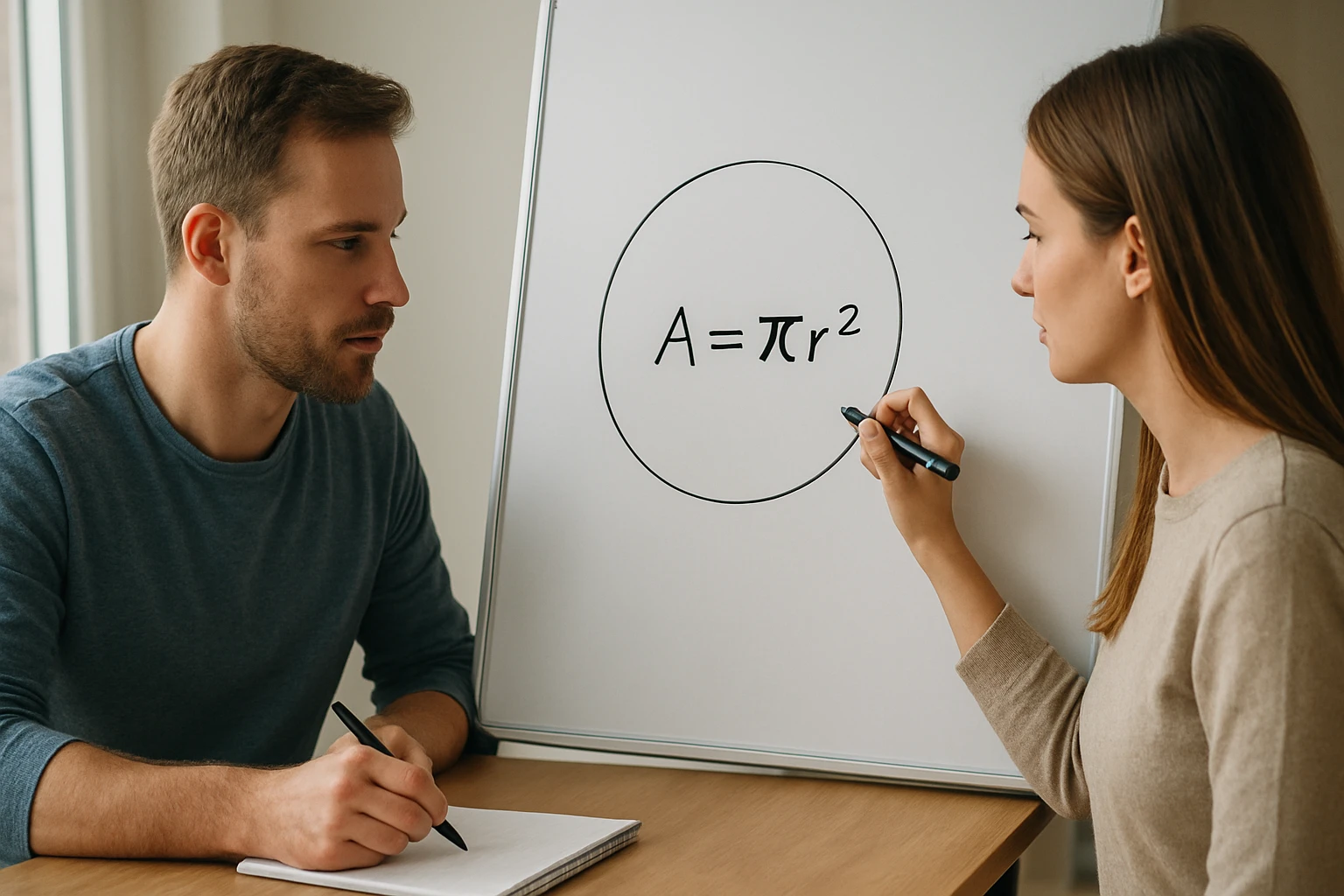 Két fiatal ember egy táblán a kör területének képletét tanulmányozza.