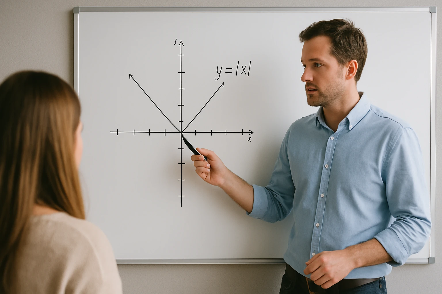 Egy férfi a táblán az y=|x| függvényt magyarázza egy nőnek.
