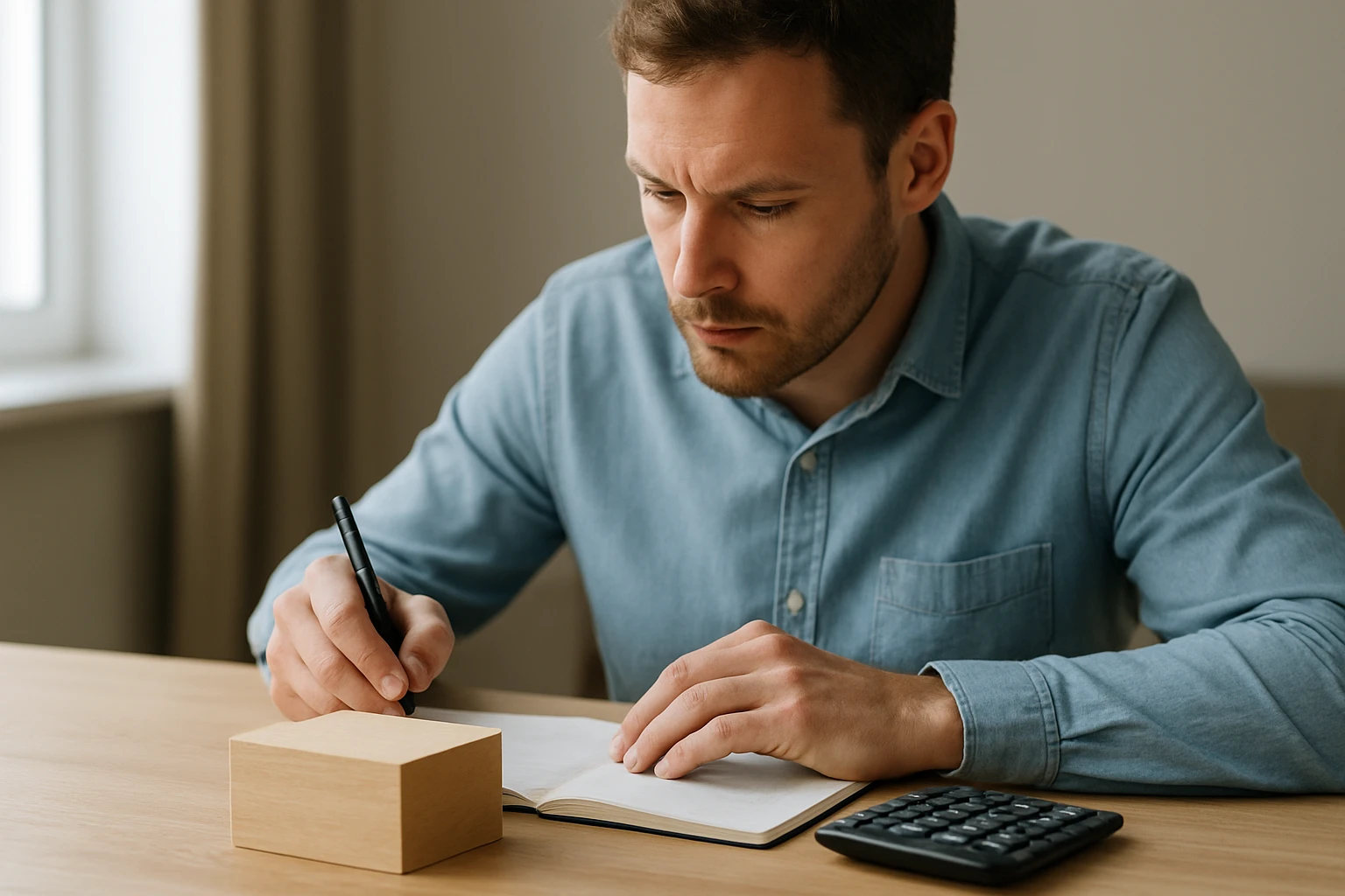 Egy férfi jegyzetel egy füzetbe, miközben egy számológép van előtte.