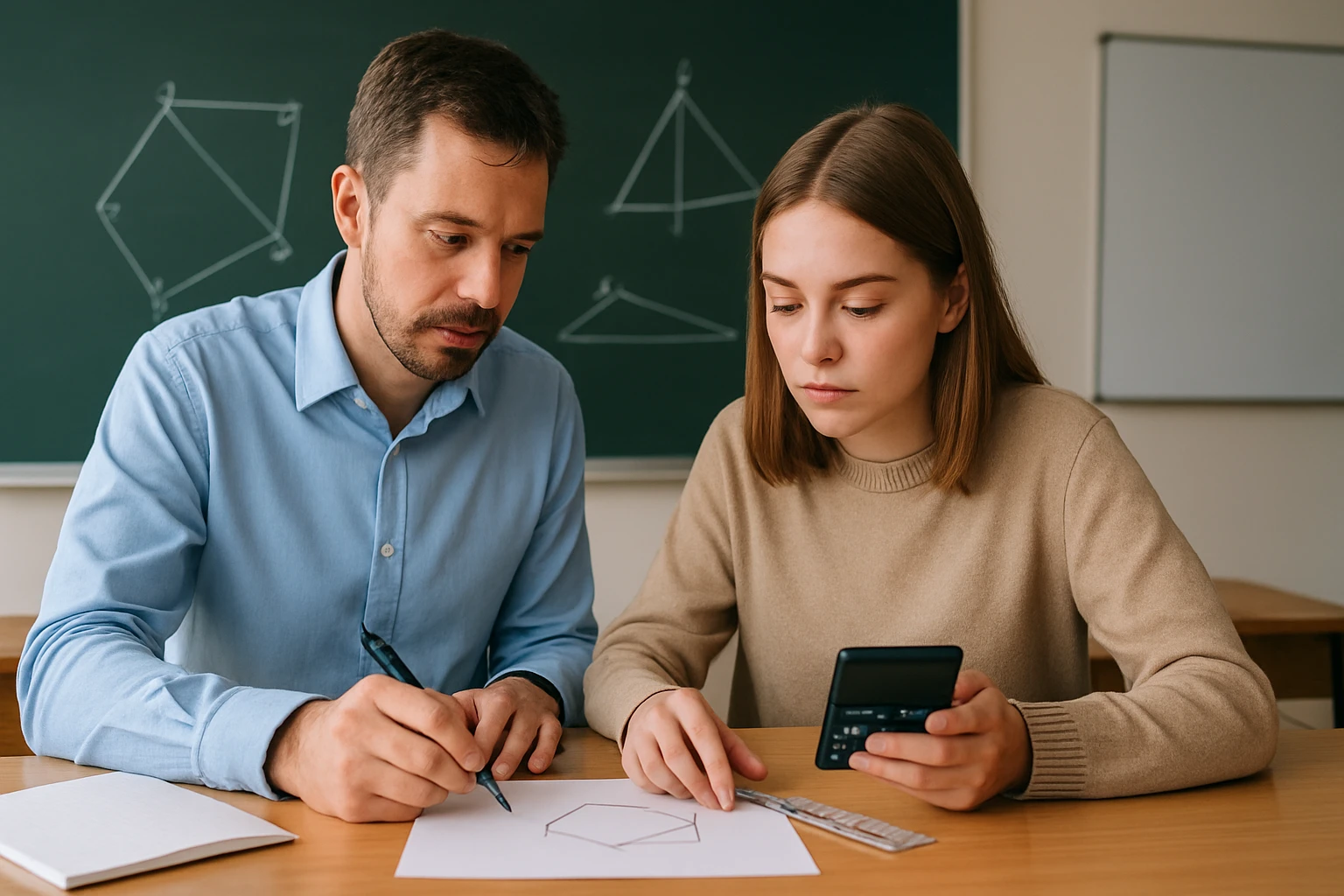 Egy tanár és diák geometriai feladatot oldanak meg, papíron és számológépen dolgozva.