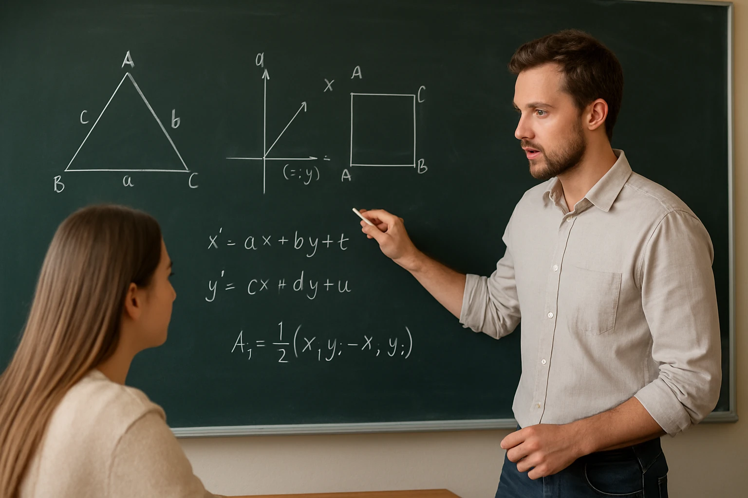 Egy tanár geometriai alakzatokat magyaráz egy diáknak táblán.