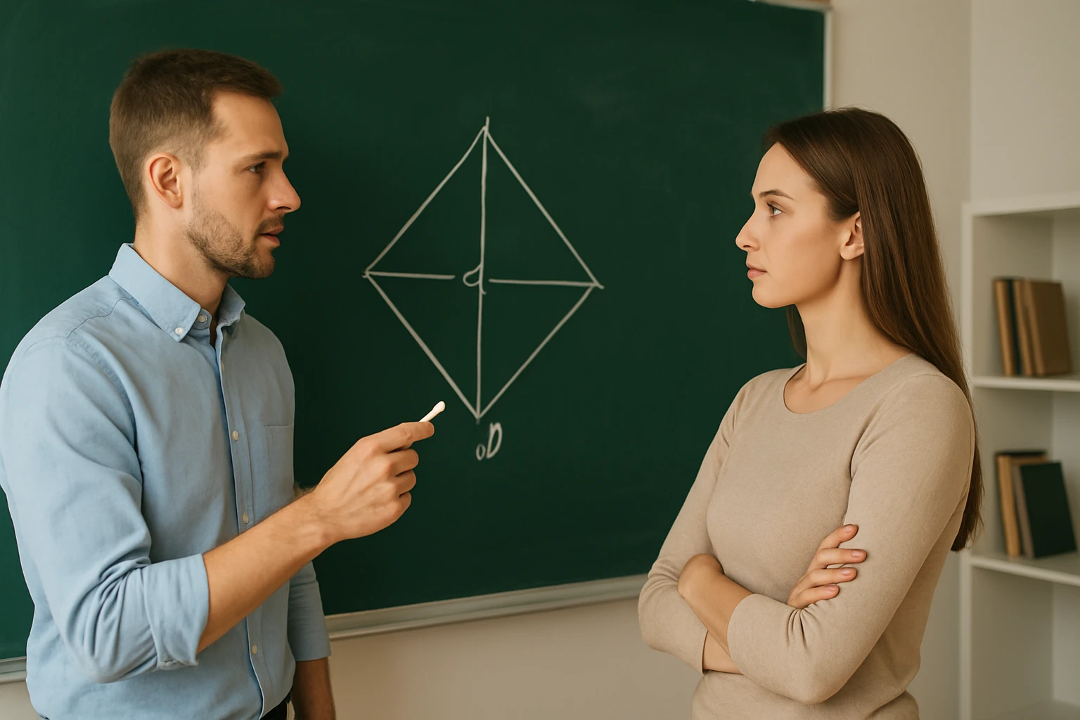 Egy férfi és egy nő beszélget a táblánál, geometriai alakzatot mutatva.