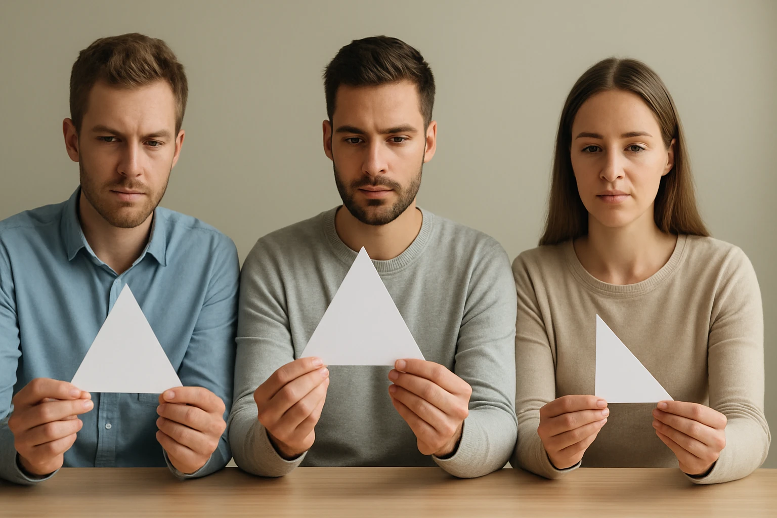 Három ember, akik fehér háromszögeket tartanak a kezükben, koncentrált arccal.
